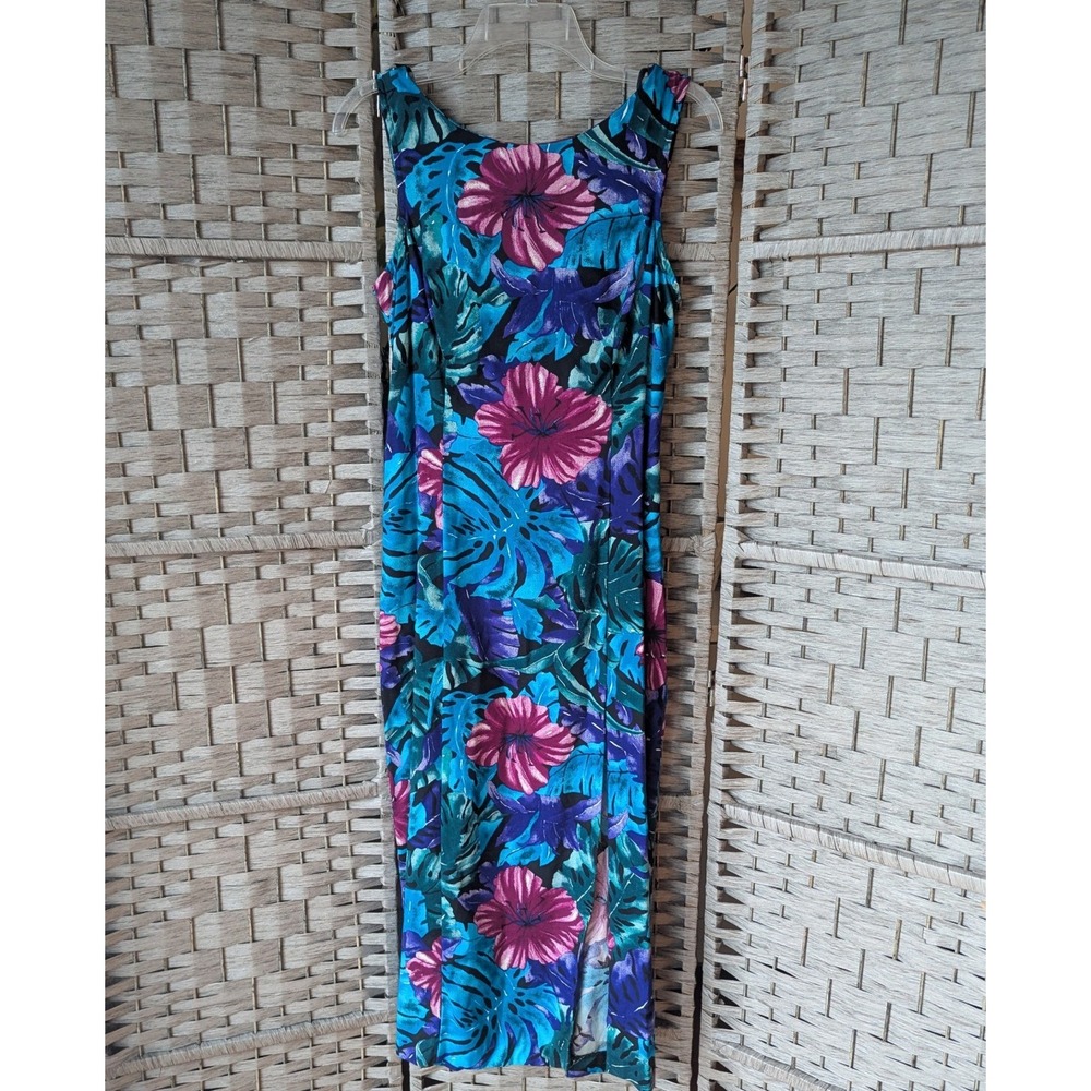 Vtg 90s Tropical Floral Tie Back Midi Dress Black Blue Purple ILGWU Fits Mod Sm